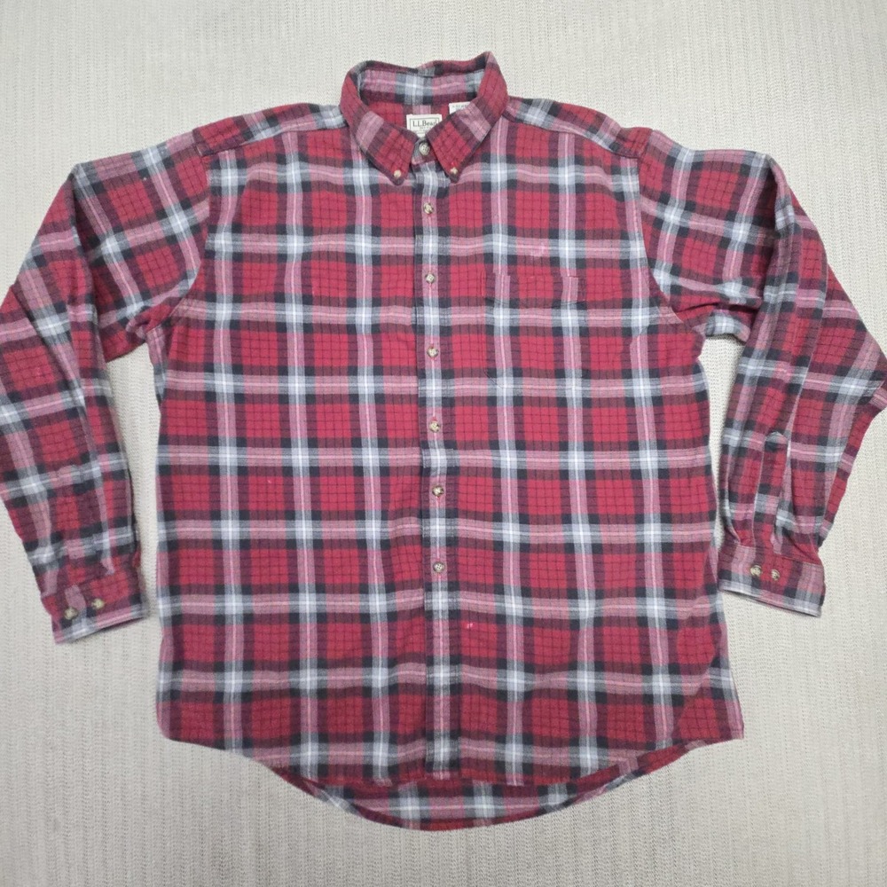 L.L. Bean Shirt Mens XL Red Plaid Flannel Button-Down Long Sleeve Made In Canada